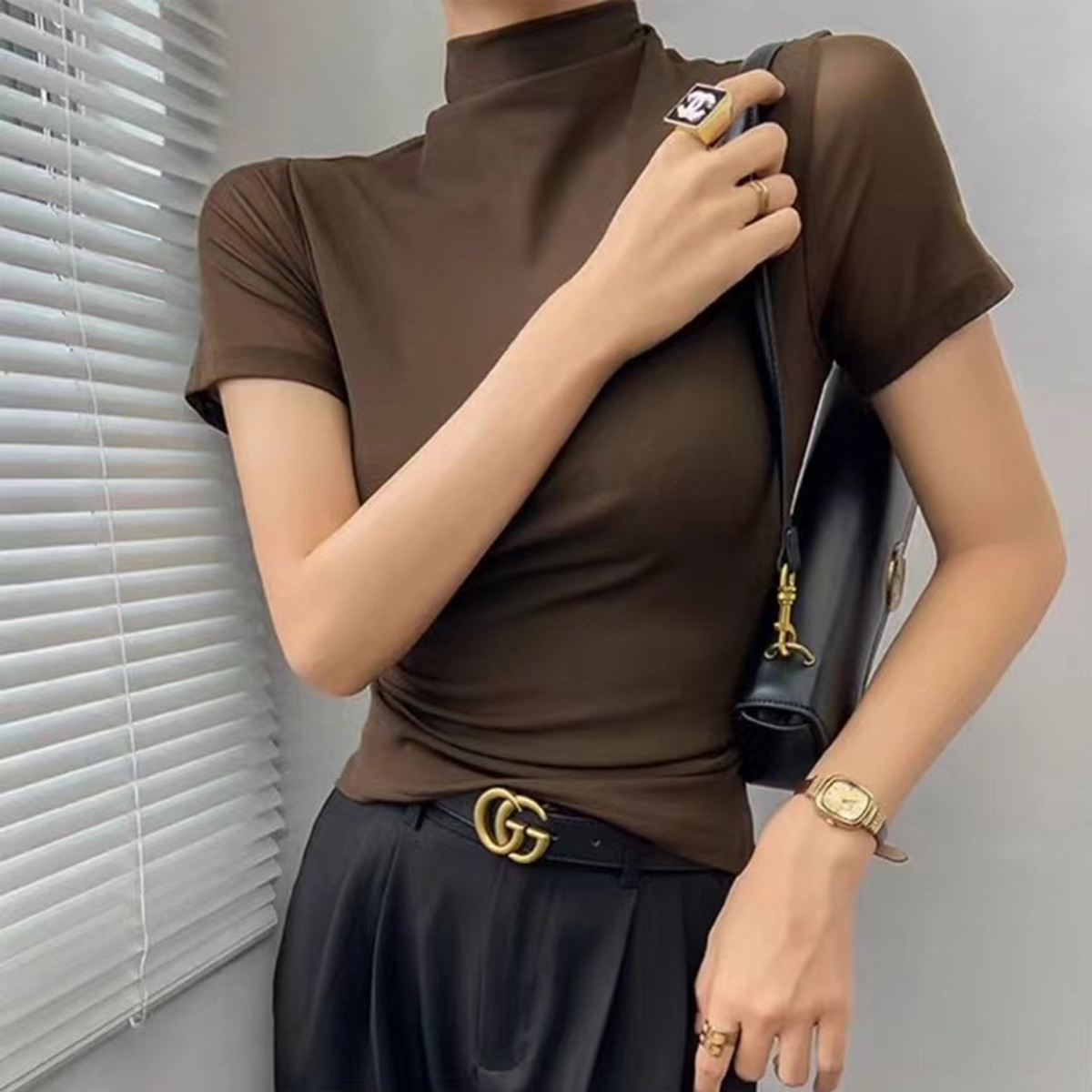 【陶子】高领网纱打底衫女春秋2024新款内搭短袖t恤弹力紧身上衣526