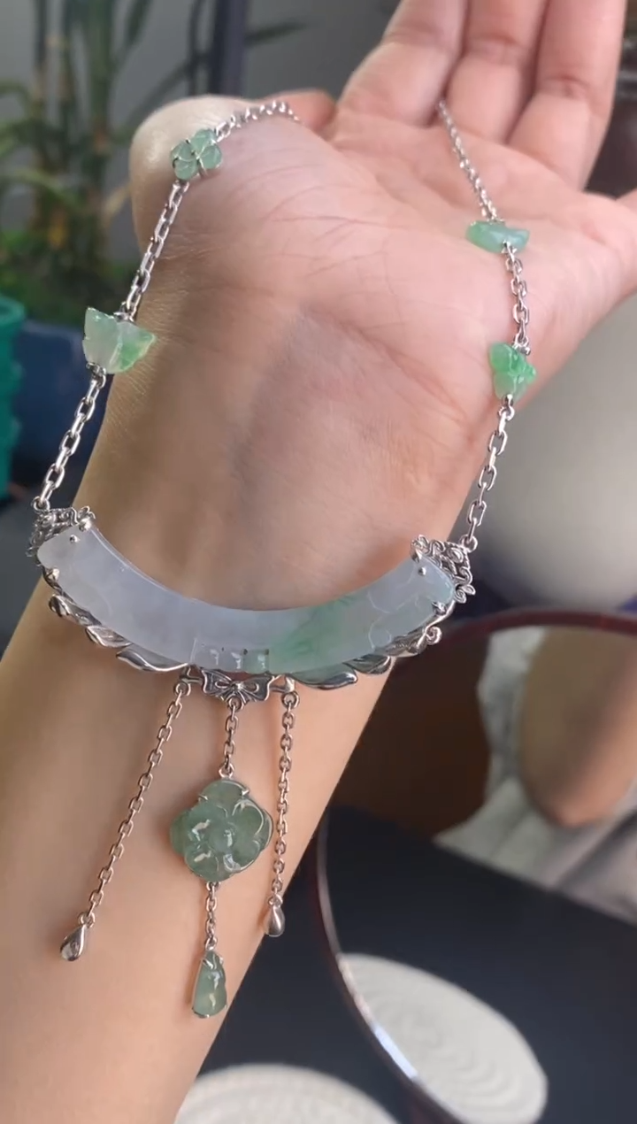 颈饰银S925镶嵌翡翠净货15997