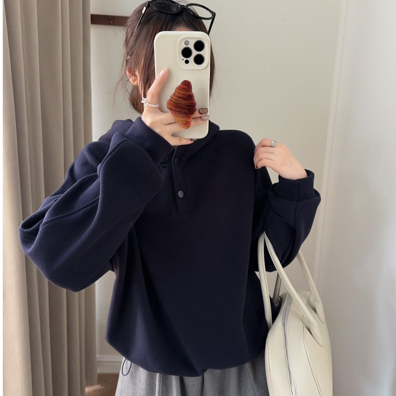 程程甄选 韩系慵懒风软糯加绒厚款立领连帽卫衣9143