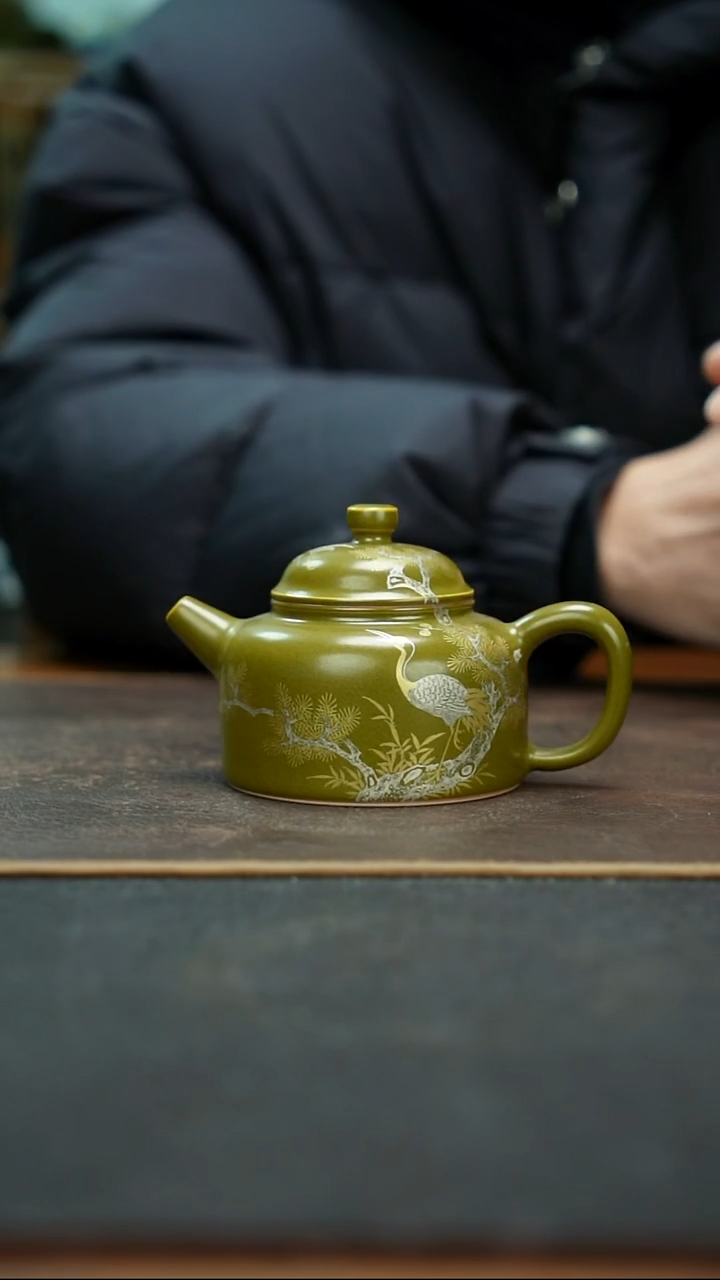 杯茶叶末釉全手工手绘金银松鹤德钟壶