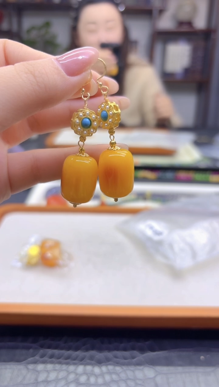 蜜蜡14K金镶嵌耳饰DIY款E621