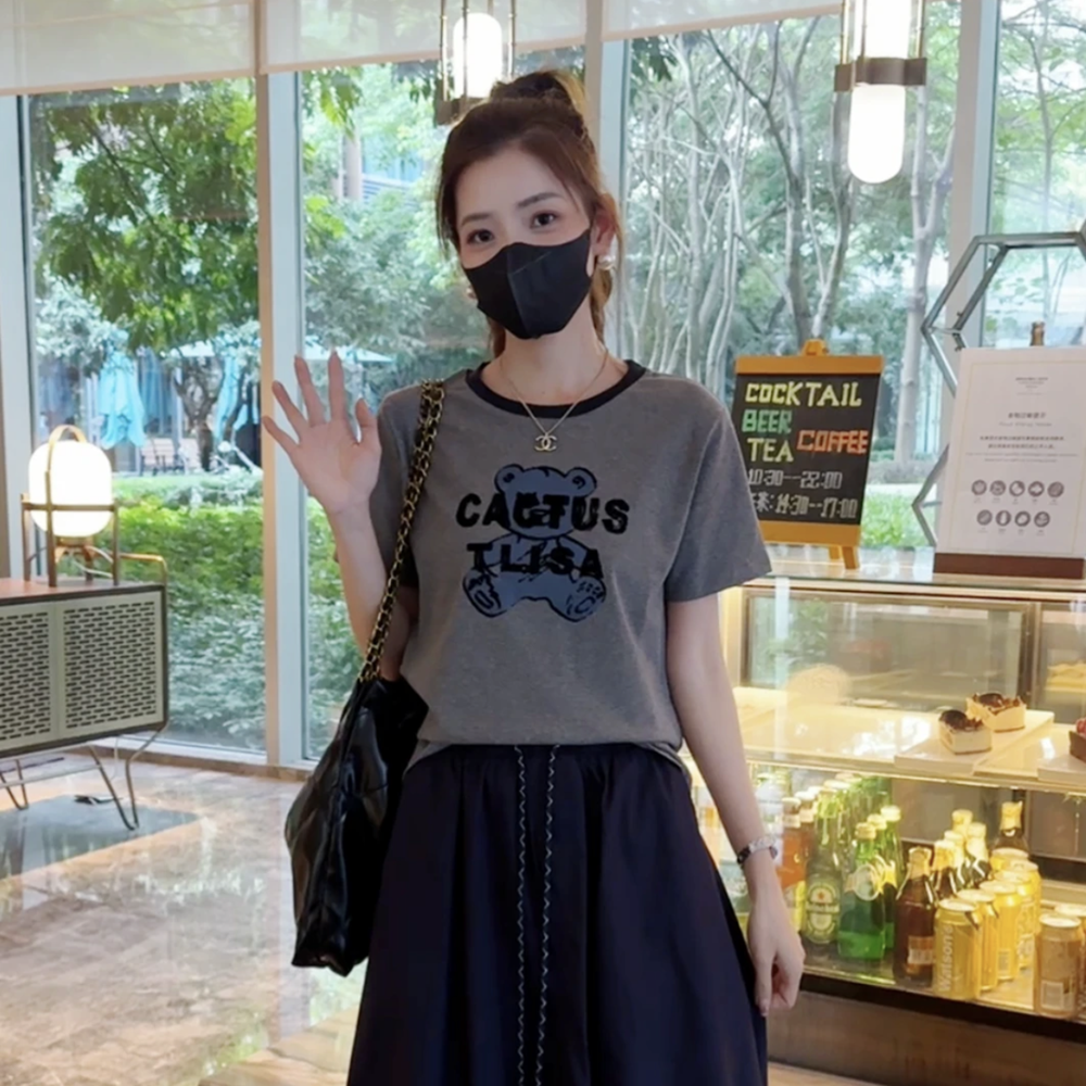 大码女装撞色拼接T恤2025夏季新款字母印花短袖女上衣圆领体恤衫