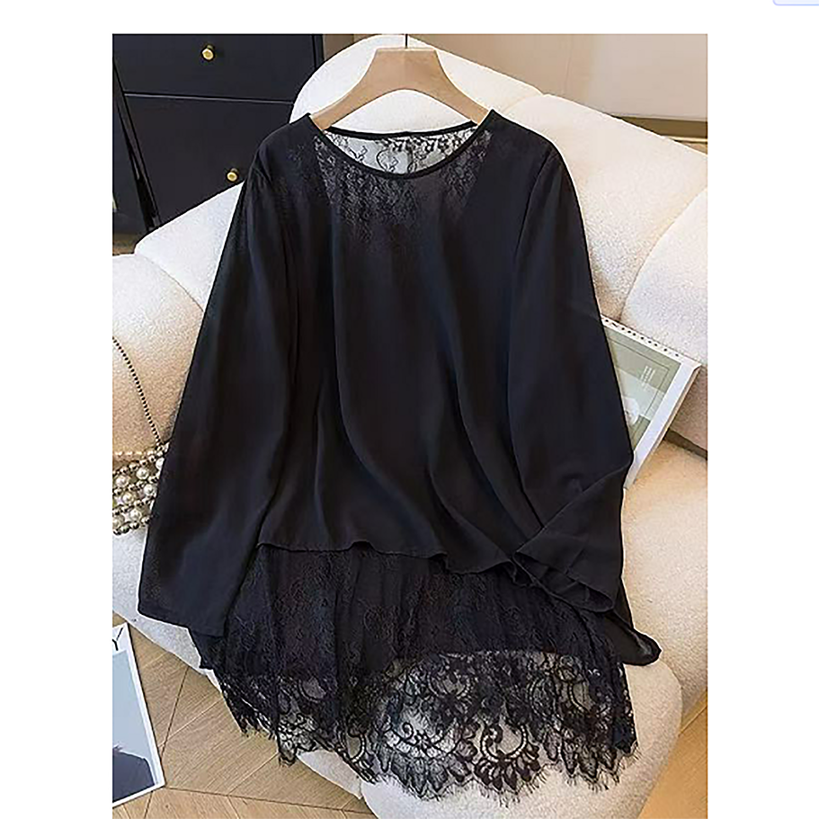 【ZM纵美】时髦显瘦百搭设计感微透气质双层蕾丝拼接衫225521