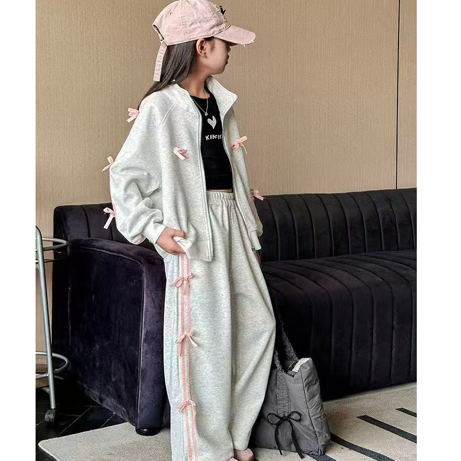 512067  韩版女童时尚洋气日常百搭休闲宽松春款新款蝴蝶结套装