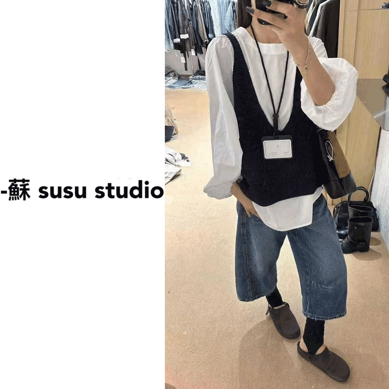 JS韩系圆领极简宽松显瘦衬衫+毛衣背心两件套秋新设计套装女0828