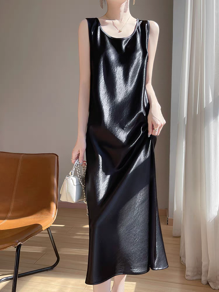 玄缎流光——100真丝无袖长款连衣裙修身宽松气质中长款时尚5141