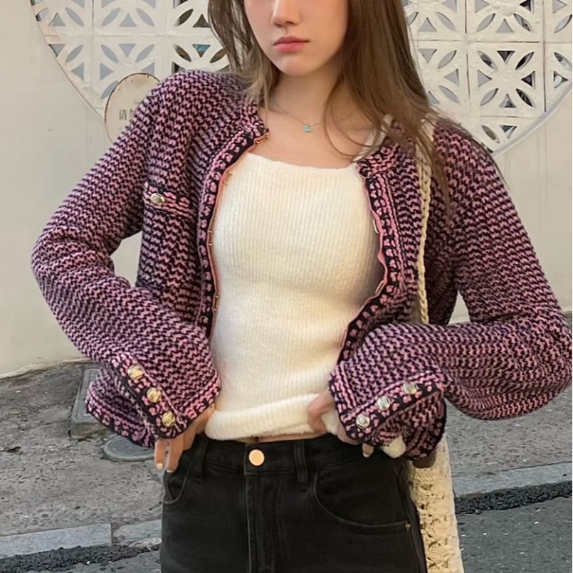 99新 Chanel/香奈儿 38码21P粉色拼黑色长袖针织开衫