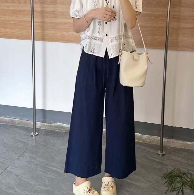 夏日清爽100洗水精棉纯色休闲裤阔腿裤抽绳夏季薄款防蚊阔腿裤