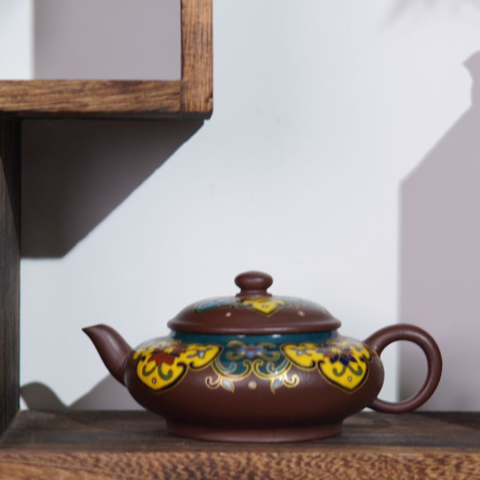 《林栖阁》宜兴紫泥珐琅彩陶瓷双色水平壶茶壶描金泡茶壶茶具紫砂壶