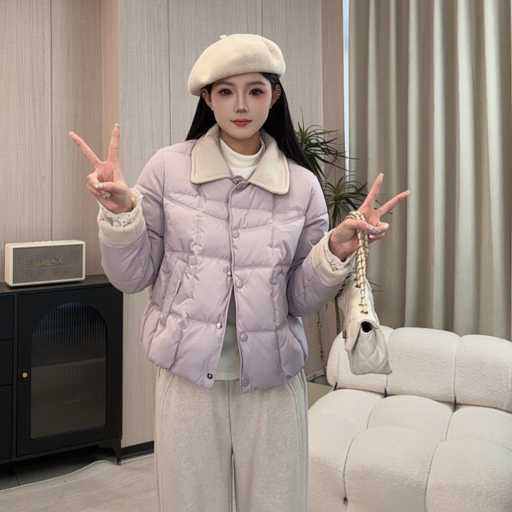 2025冬季新款撞色翻领拼接加厚保暖显瘦短款棉服百搭外套小个子女