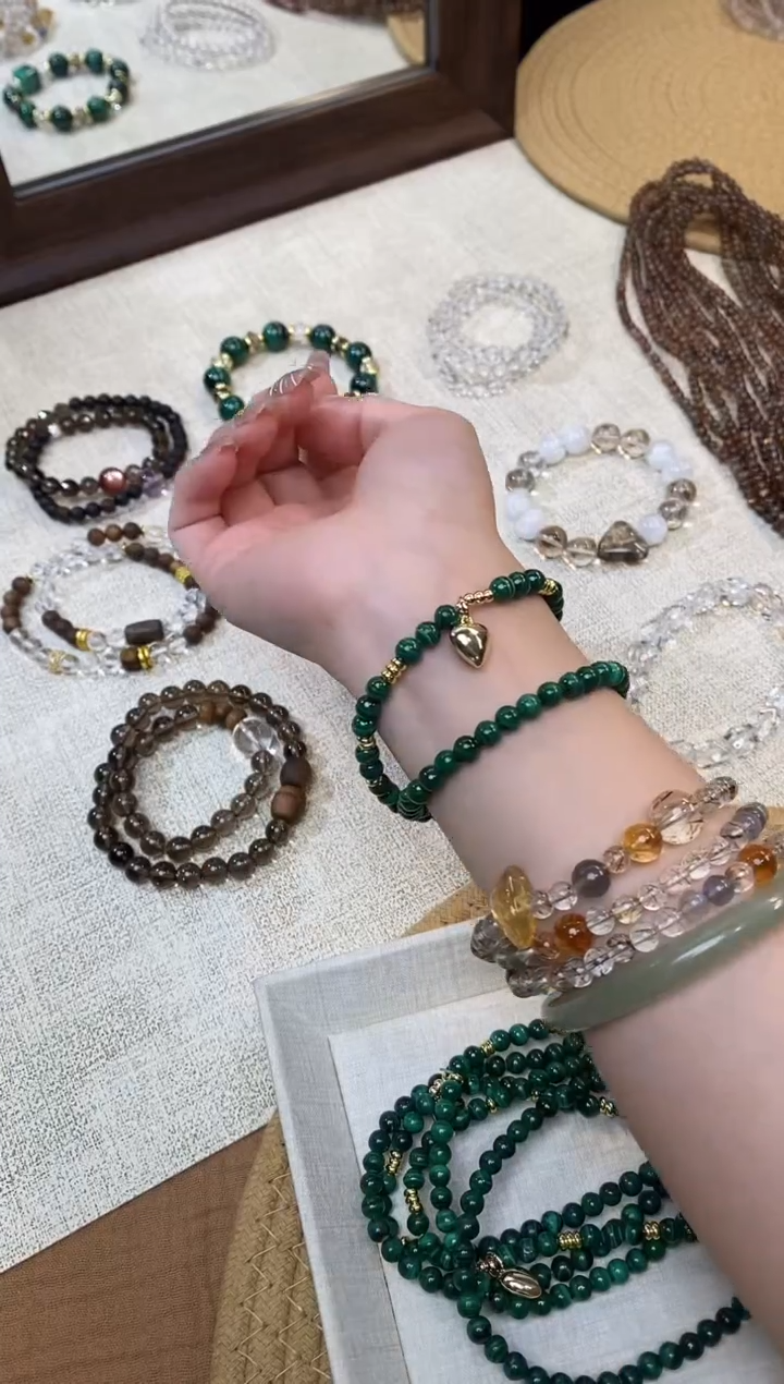 合金手链水晶《小圣诞》梵克绿孔雀石设计手串双圈5-6mm多样性发一