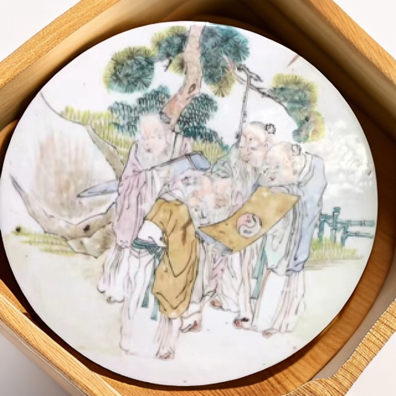 浅降彩瓷器浅降彩瓷板大名家浅降彩五老观太极28公分全品