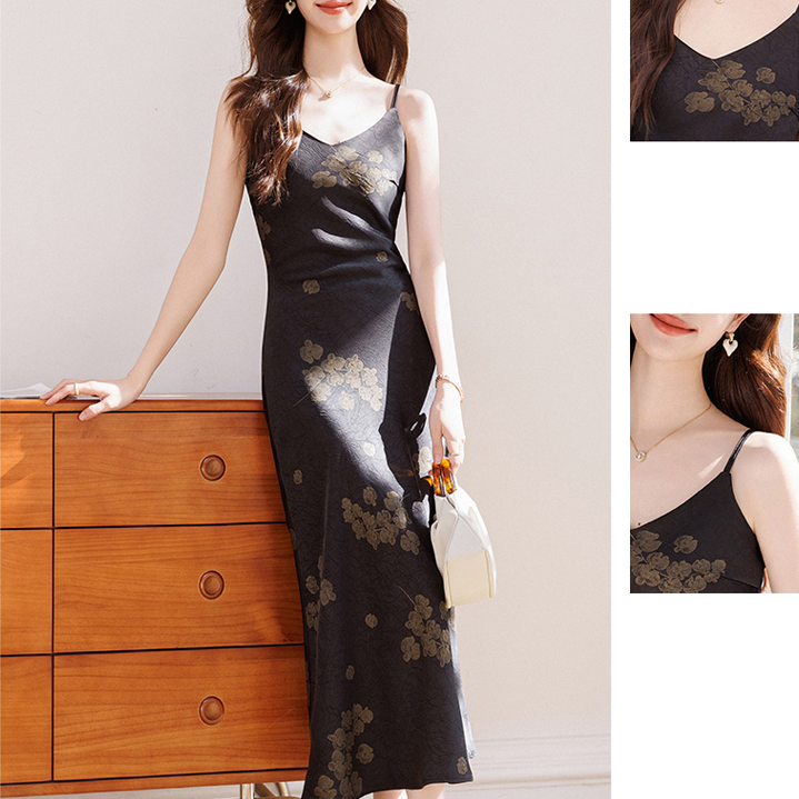 黑色A字吊带连衣裙女2025新款夏季内搭打底高级感醋酸中长款裙子
