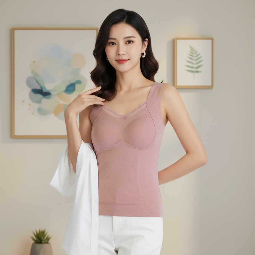 山海印迹2025新款莱赛尔双层羊毛保暖背心一体罩杯无钢圈内衣7712