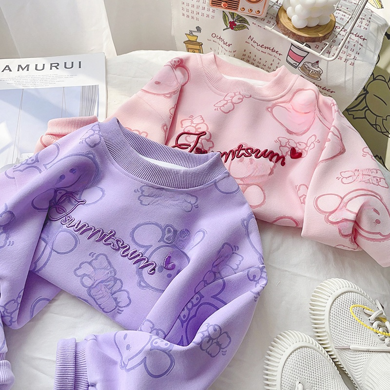 【断码清】春秋宽松儿童新款满印刺绣女童时尚圆领套头女孩卫衣长袖