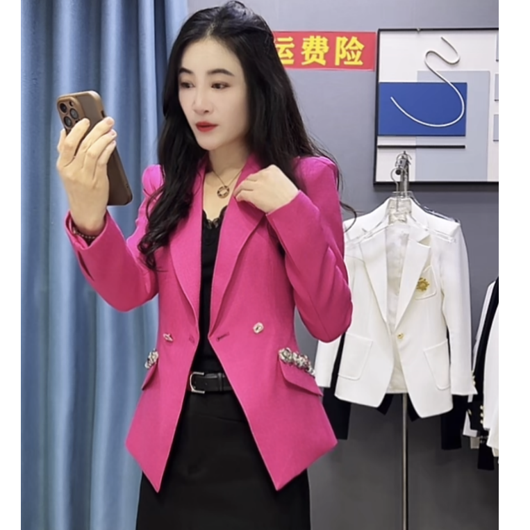SR欧货春秋款<梅红西装>收身显瘦气质长袖外套网红洋气短款时尚