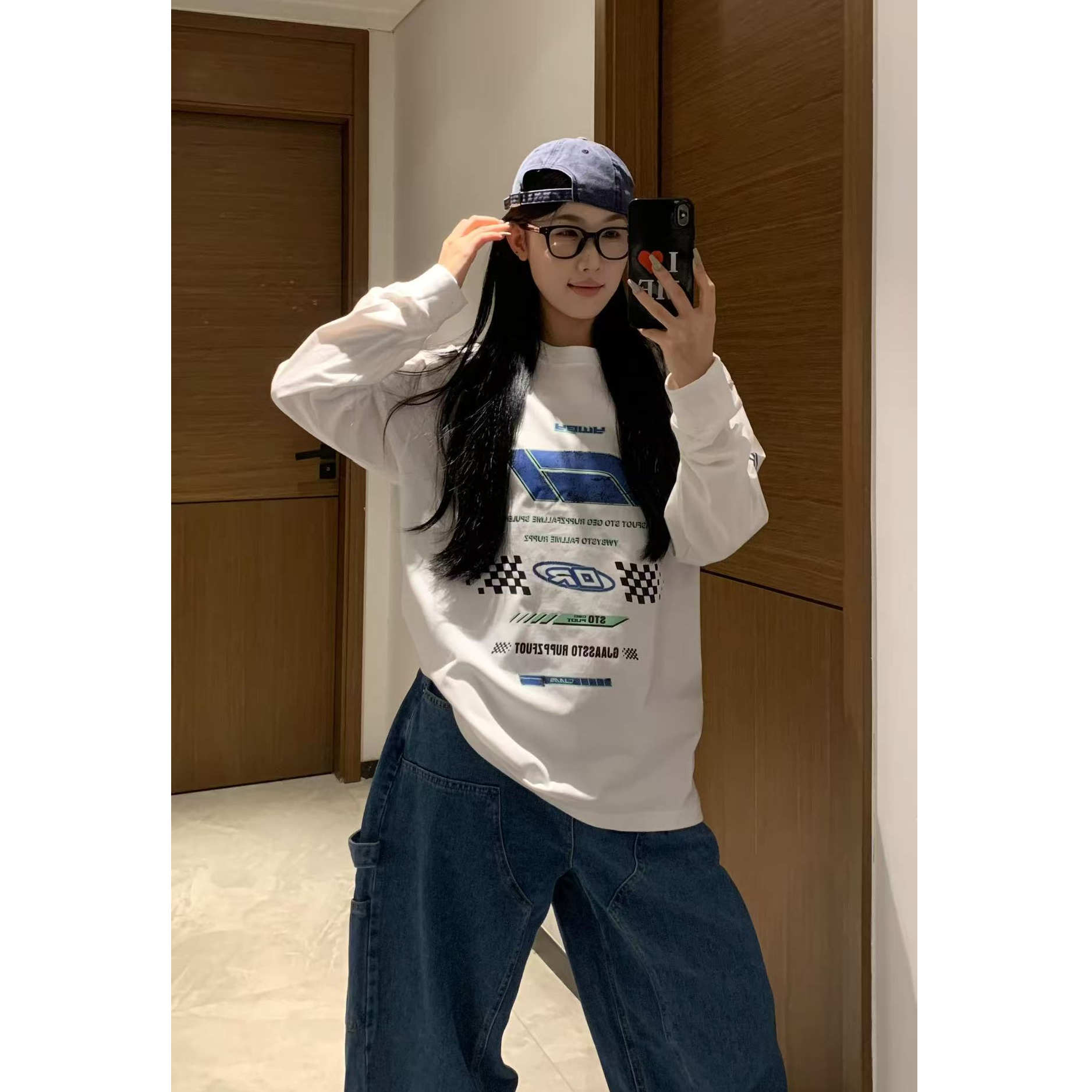 秋冬新款女装重磅纯棉T恤长袖宽松休闲百搭学院风印花上衣圆领