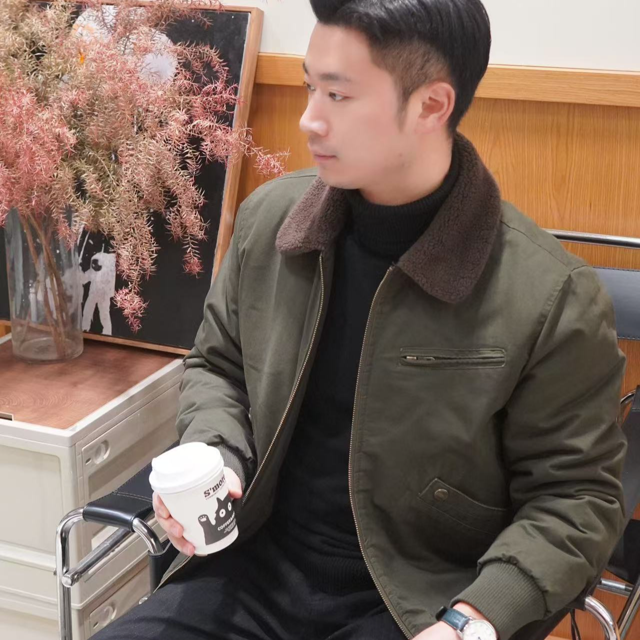 冬季真羊毛加绒加厚经典翻领夹克棉服秋冬保暖棉衣棉羊毛含量27%