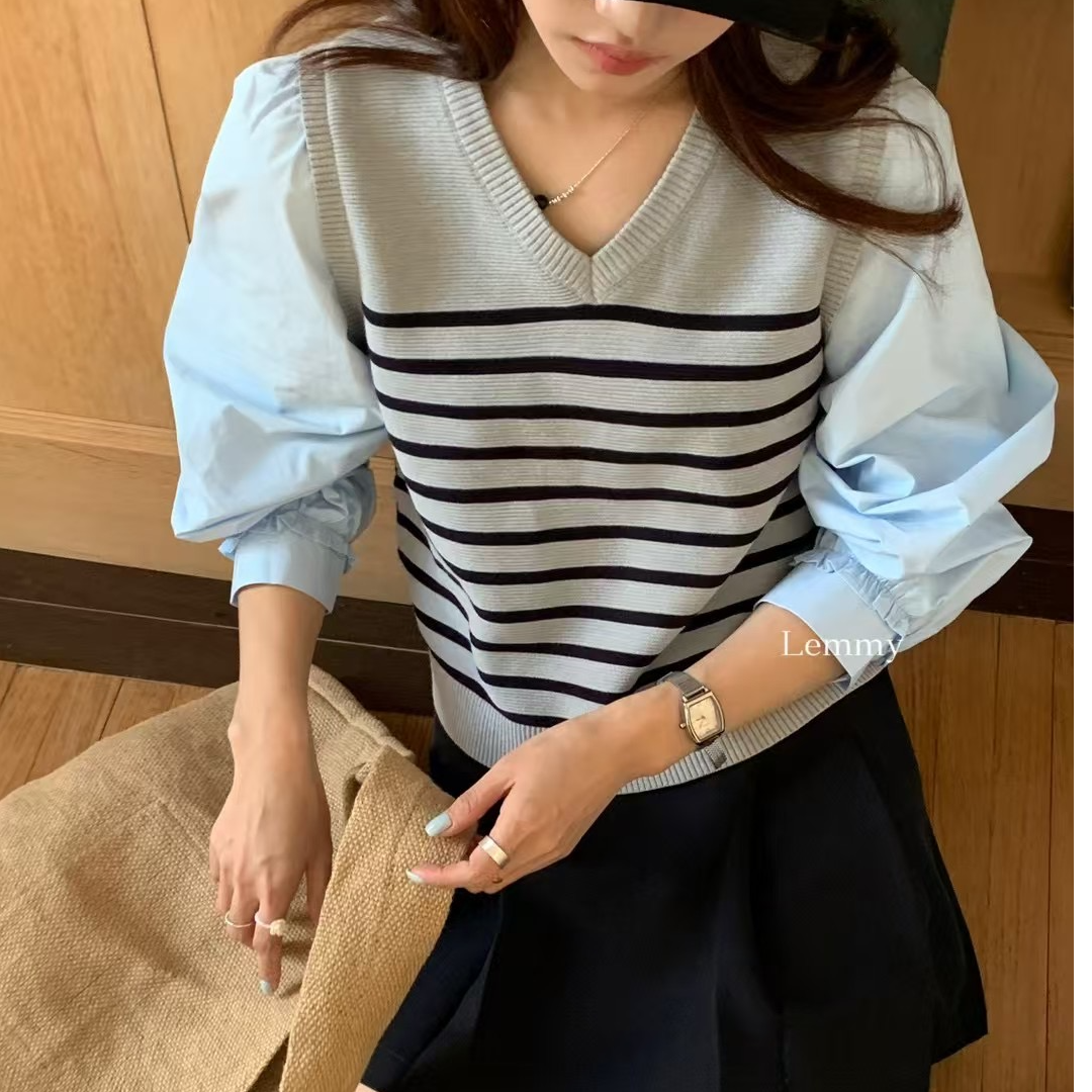 假两件条纹拼接针织长袖衬衫女春秋新款休闲百搭学院风叠穿上衣潮