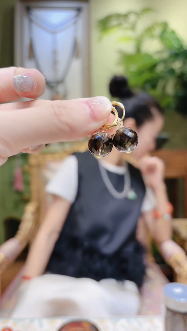 【闪购商品】水晶耳饰18K金镶嵌茶晶耳饰