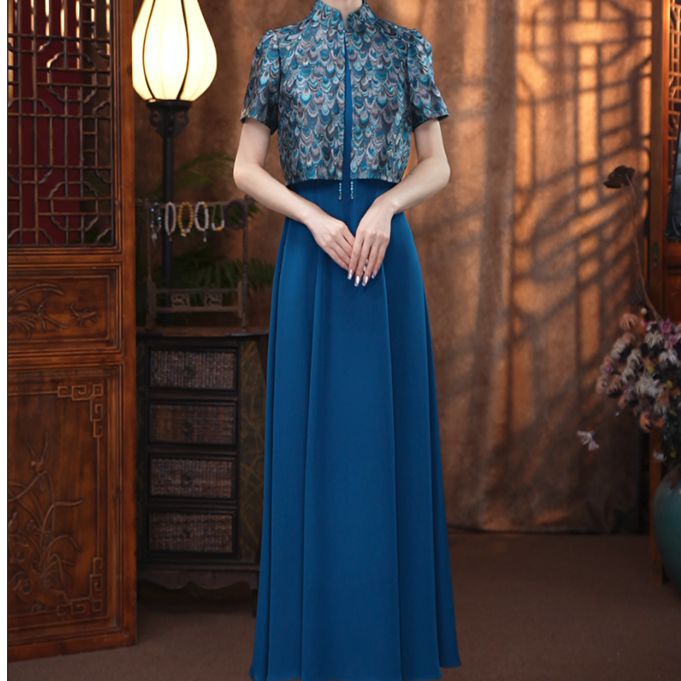 【邓总账号专享价】吉祥衣家羽衣惊鸿连衣裙 高贵气质孔雀蓝宋锦