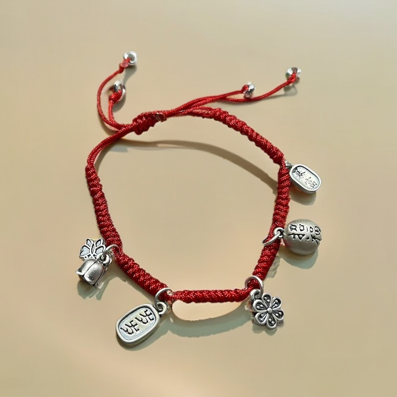 足银手链 足银手绳可调节编编绳古风情侣DIY配件 爱心/水滴/铃铛