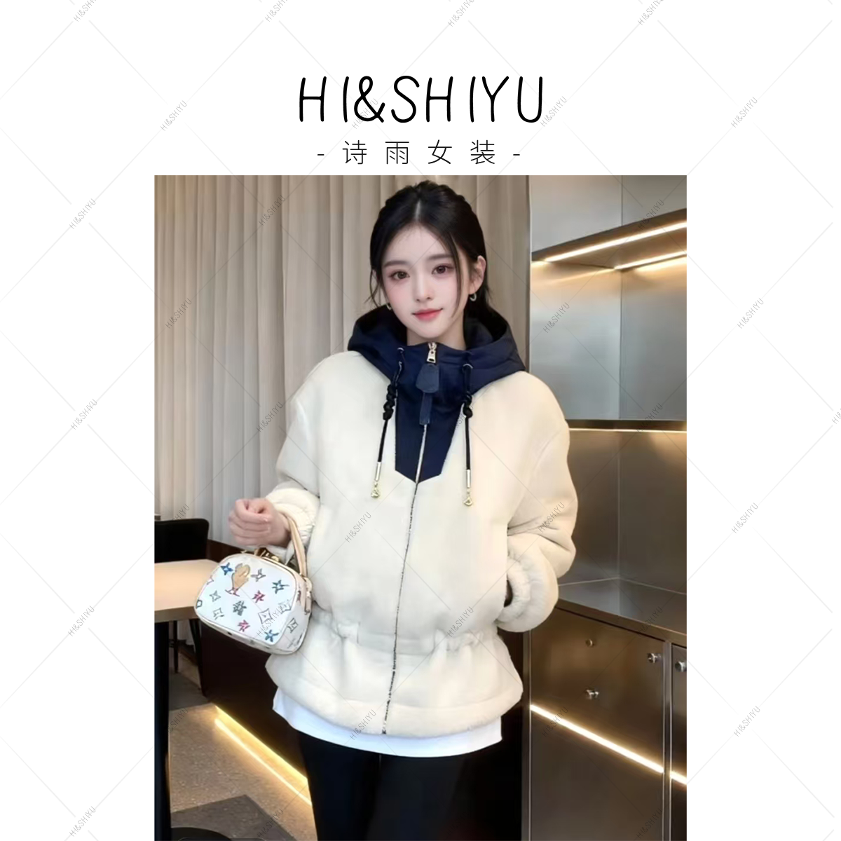 HISHIYU【初雪秘境】100%羊毛连帽收腰设计师休闲女士外套25028
