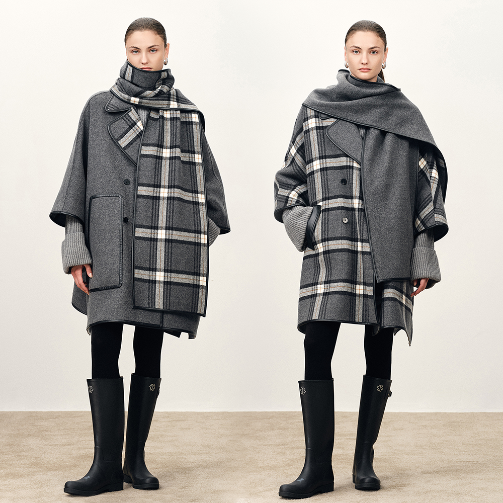 Fabrique Valmoré 海鸥灰正反两穿绵羊毛格纹配围巾斗篷式大衣