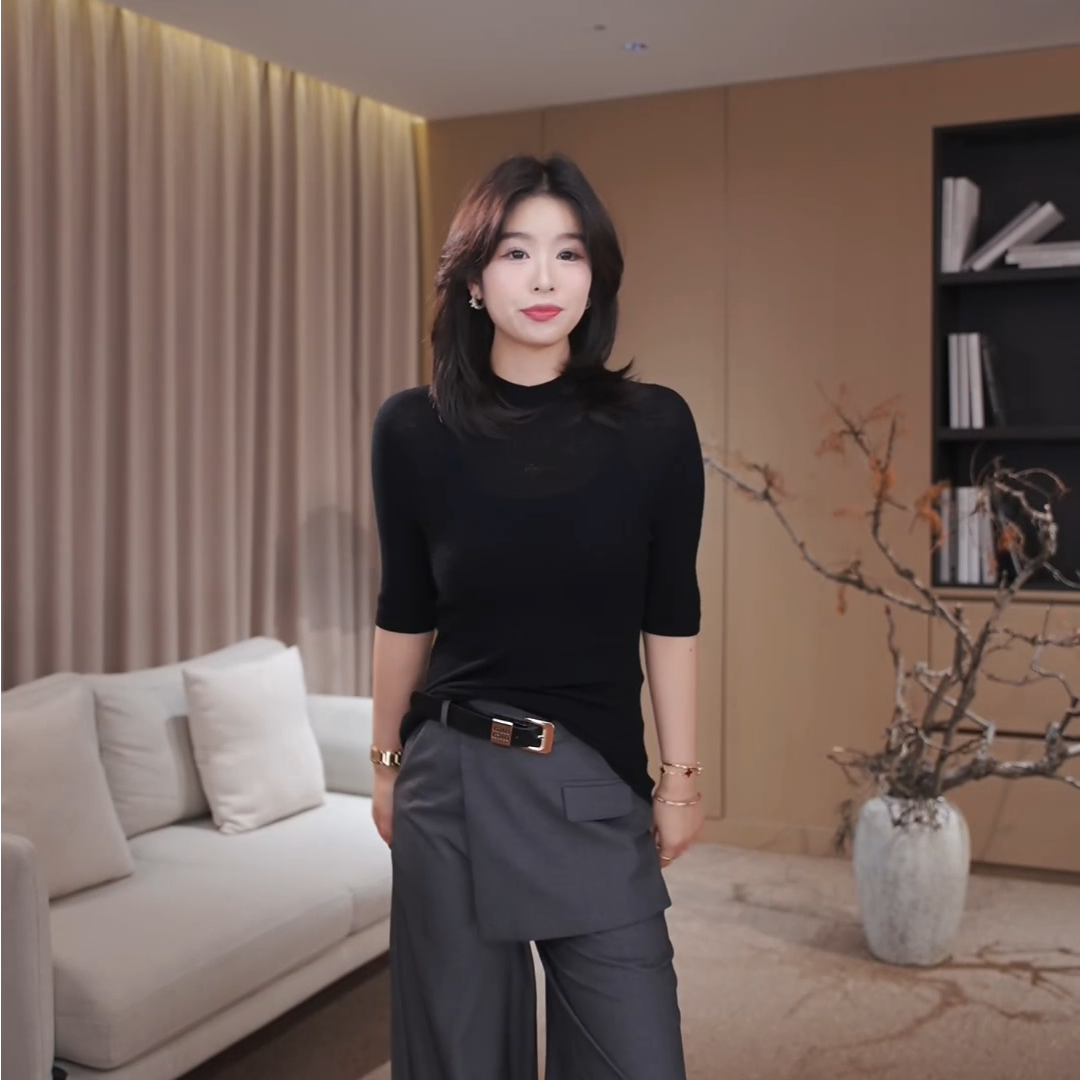 广州琴姐【缪斯之语】设计感半高领短袖羊毛针织衫女打底衫秋季2102