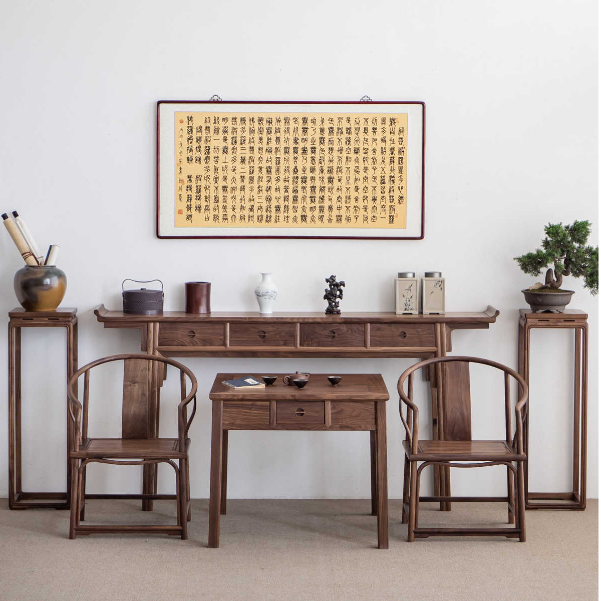 新中式中堂六件套北美黑胡桃木条案农村堂屋别墅客厅实木八仙桌椅