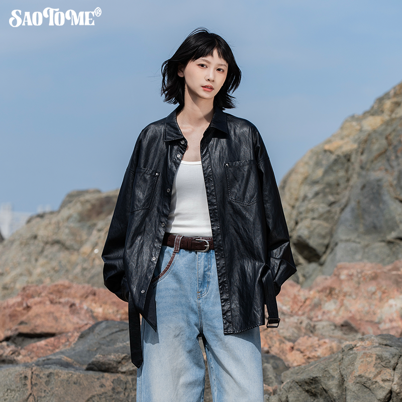 【年终回馈】早乙女惠子日系复古铆钉绑带收腰宽松皮衬衫3147