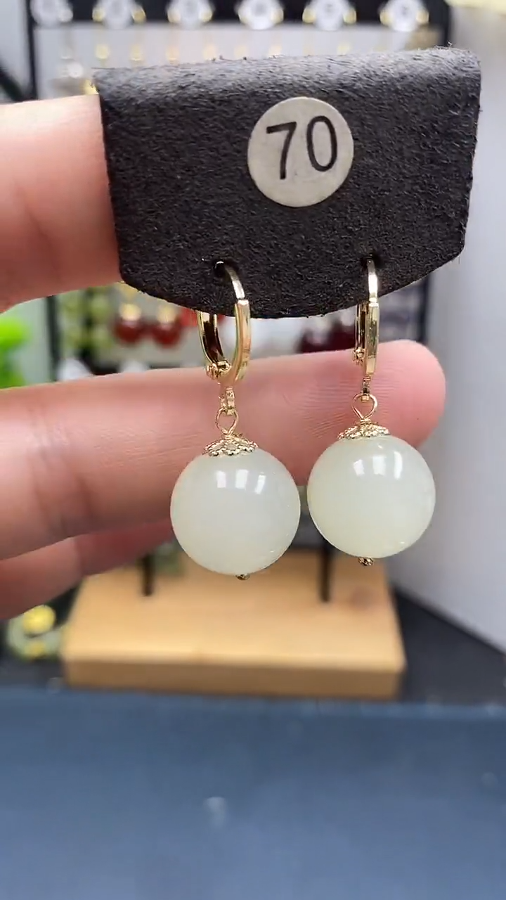 银S925镀金镶嵌和田玉耳饰尺寸14mm耳扣08