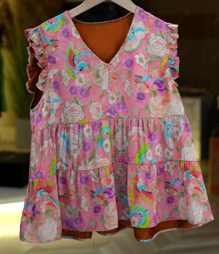 棠声晚《非遗美学》2113新中式复古印花减龄无袖花边背心