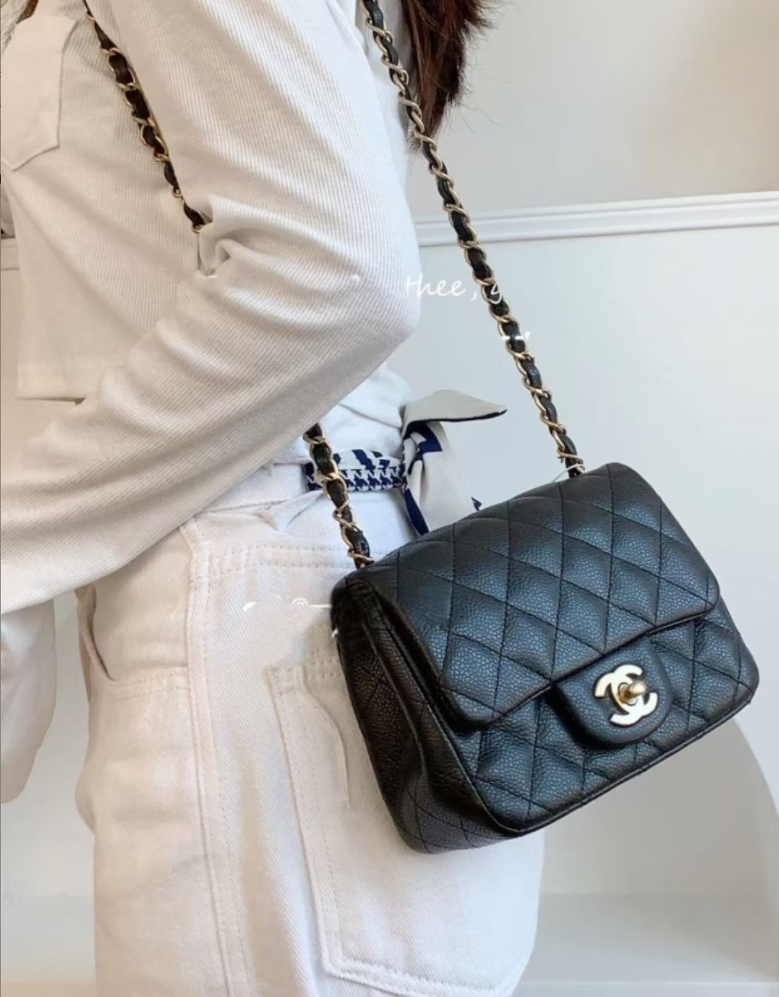 95新 Chanel/香奈儿 黑金鱼子酱CF方胖子单肩包 底长16 12开