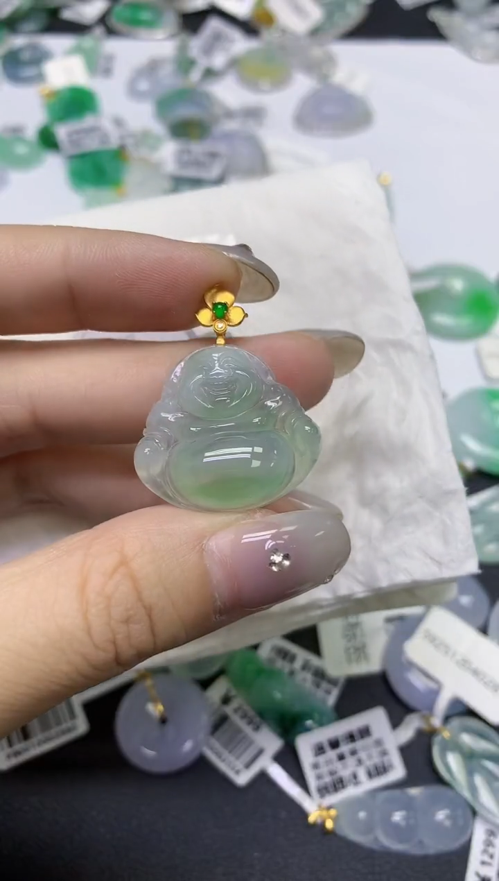 颈饰18K金镶嵌翡翠天然缅甸翡翠A货百元以上9元证书费自理