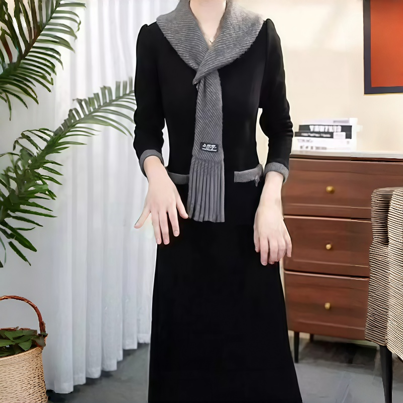 高档连衣裙2025秋冬新款显瘦拼接围巾领设计感裙子