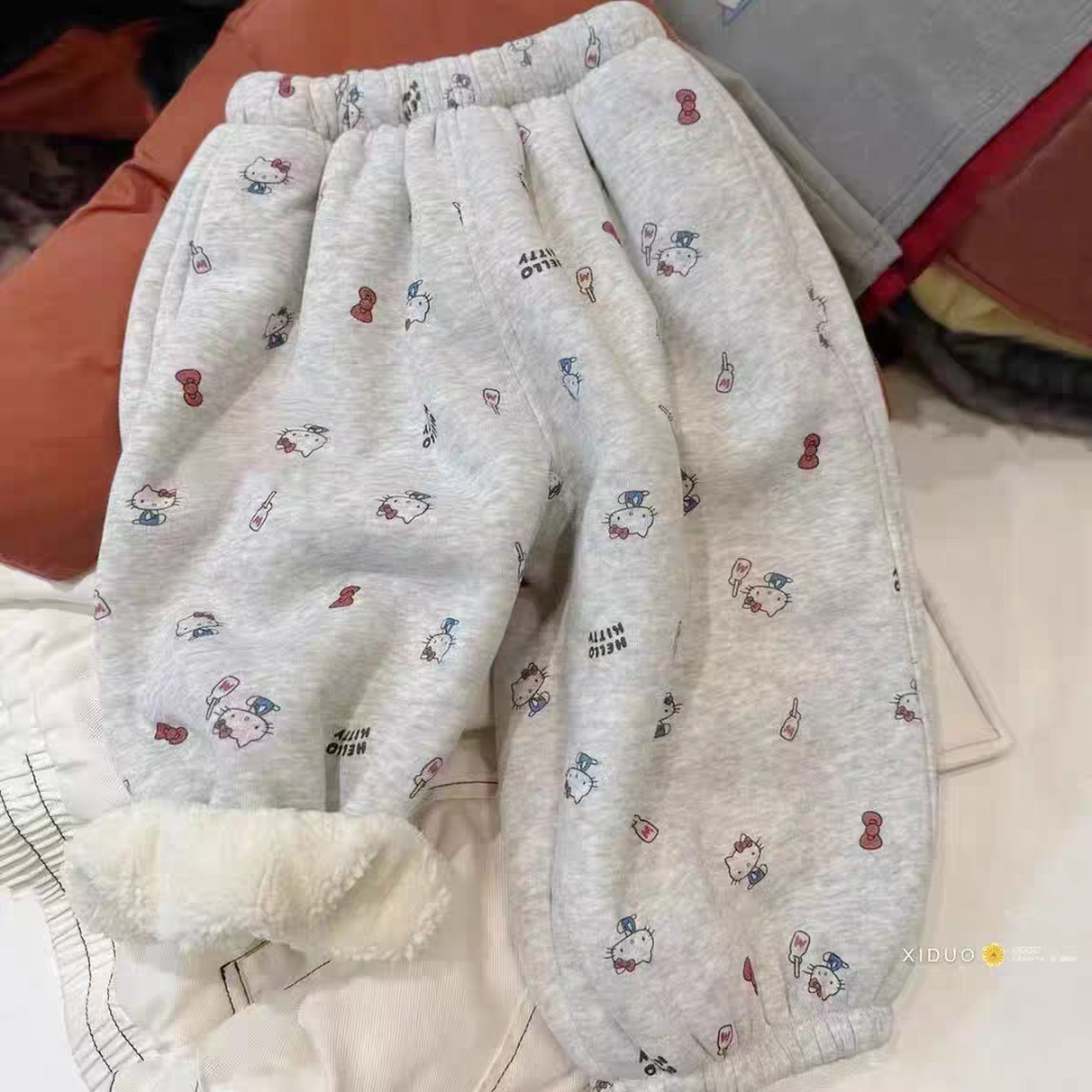 女童裤子2025冬季儿童新款超可爱KT猫满印束脚卫裤女孩保暖加绒裤