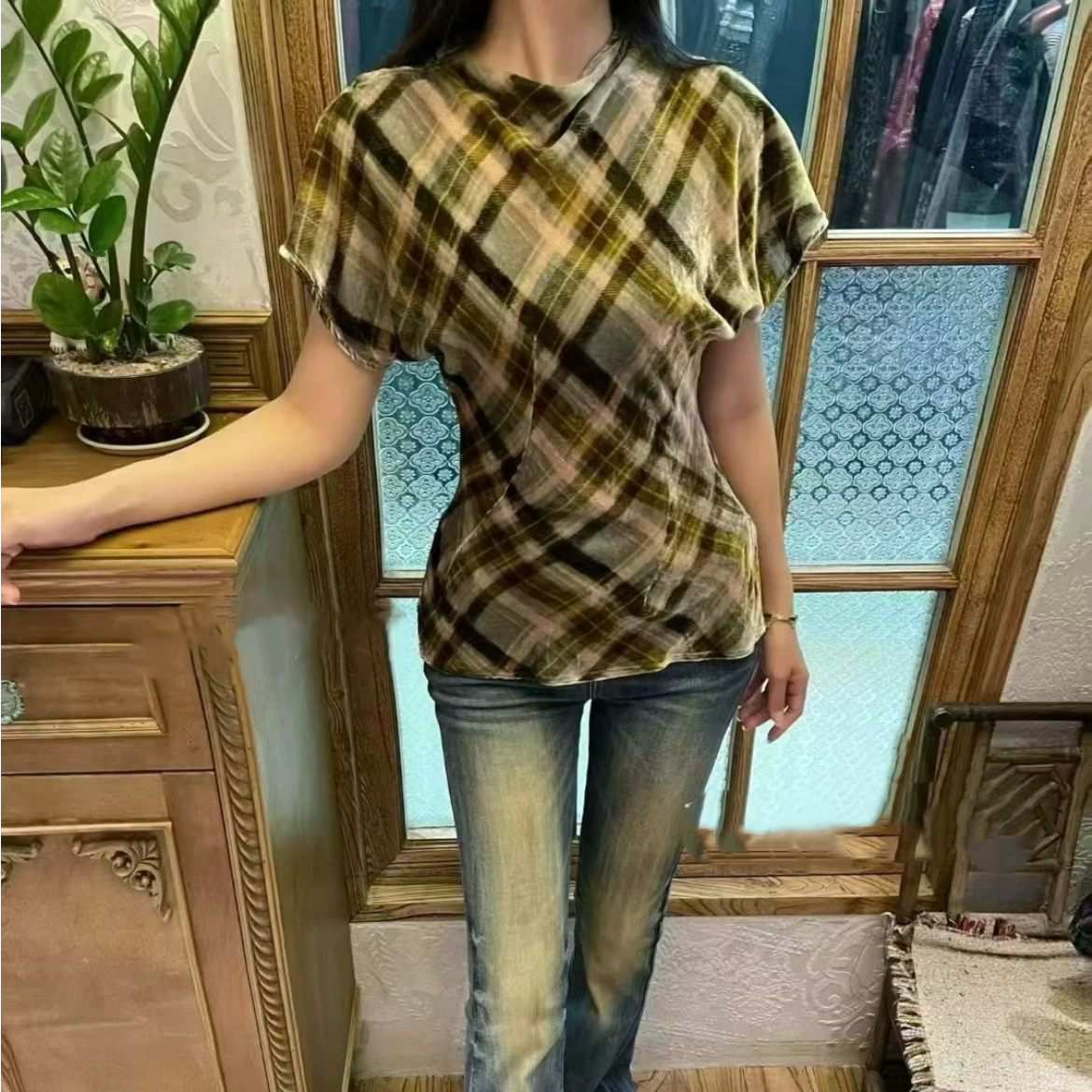 ZZ经典设计师修身型撞色修身春夏夏季T恤格纹宽松短袖X281