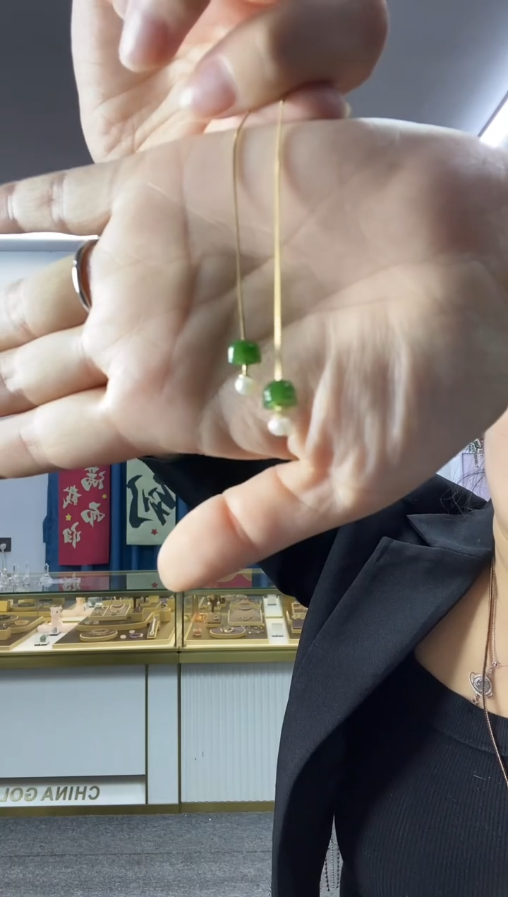 银S925镶嵌和田玉耳饰S925花朵碧玉耳线