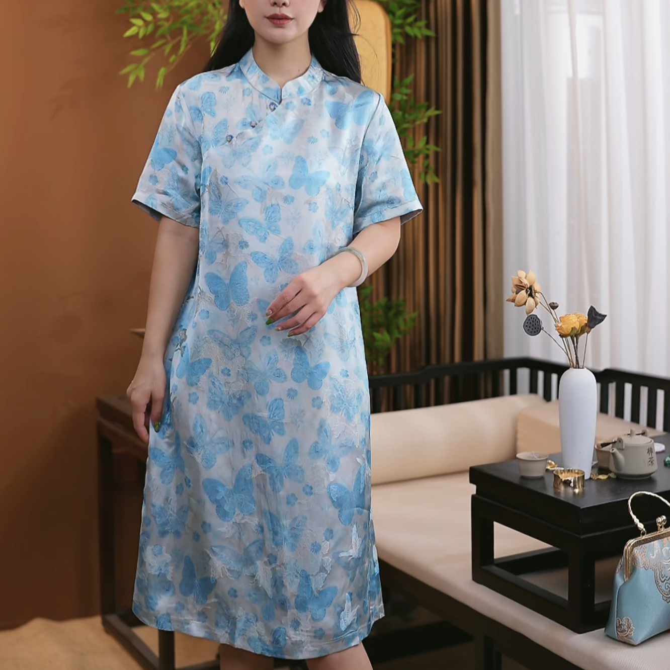 2025夏季新款时尚新中式桑蚕丝连衣裙显瘦百搭旗袍裙S307