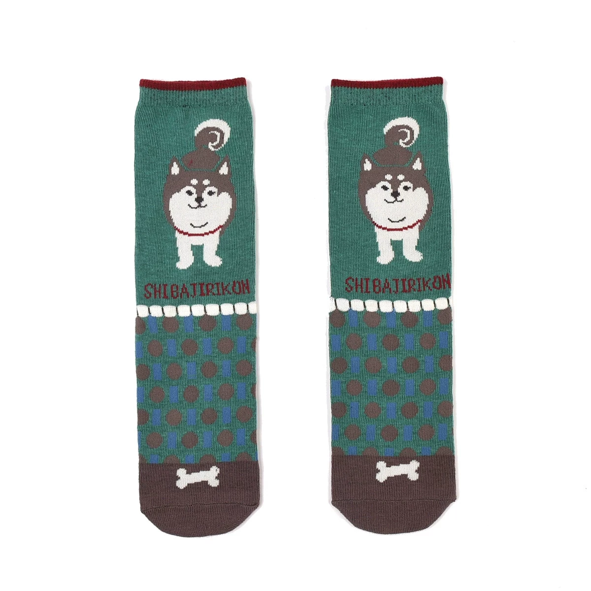 B8223猫咪提花中筒袜舒实柴犬绿色