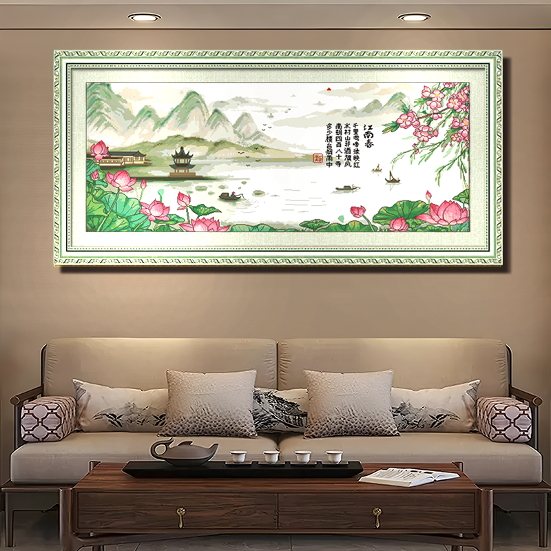 2.32大纯手工绣好十字绣成品01058江南春山水版客厅挂画
