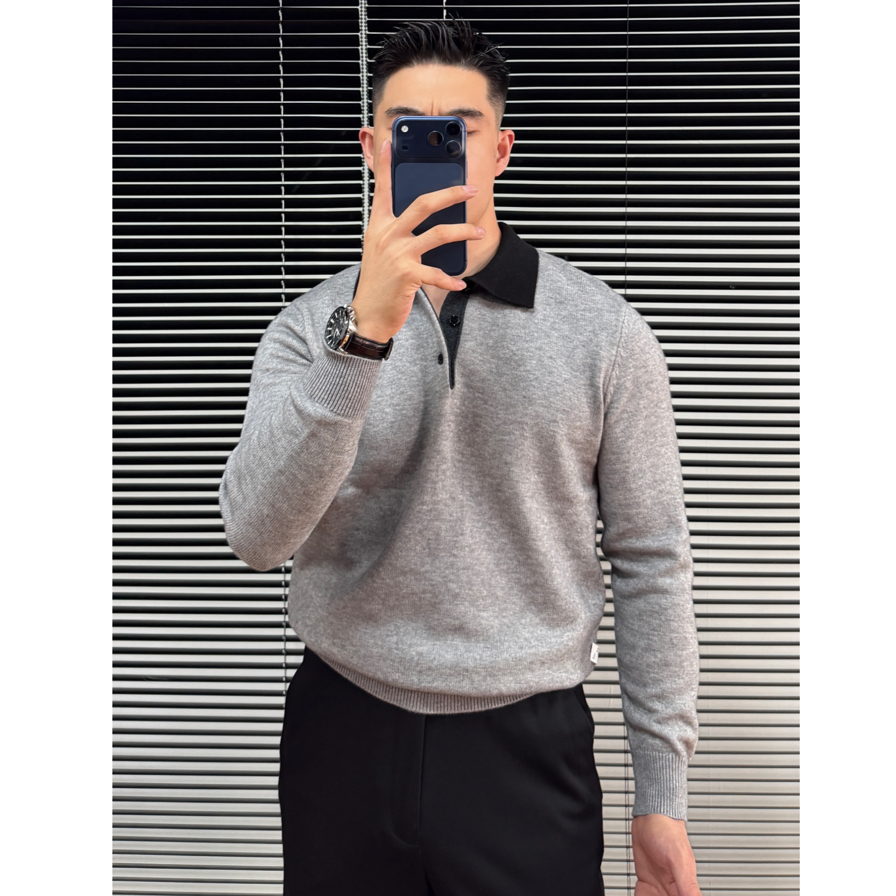 撞色翻领毛衣秋季针织毛衣男士秋冬拼色针织衫长袖衫翻领毛线衣