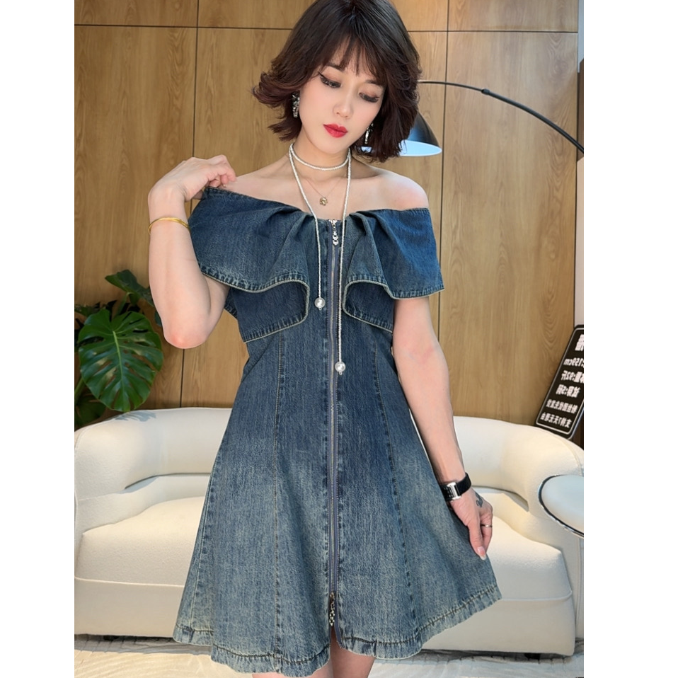 夏季款复古小众个性减龄洋气牛仔裙女拉链荷叶边V领修身连衣裙