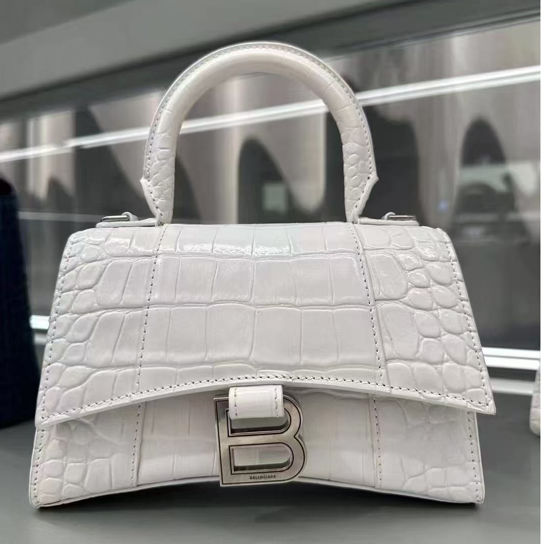 95新 Balenciaga/巴黎世家 青奢荟/白色xs压鳄沙漏斜挎包/ 78188