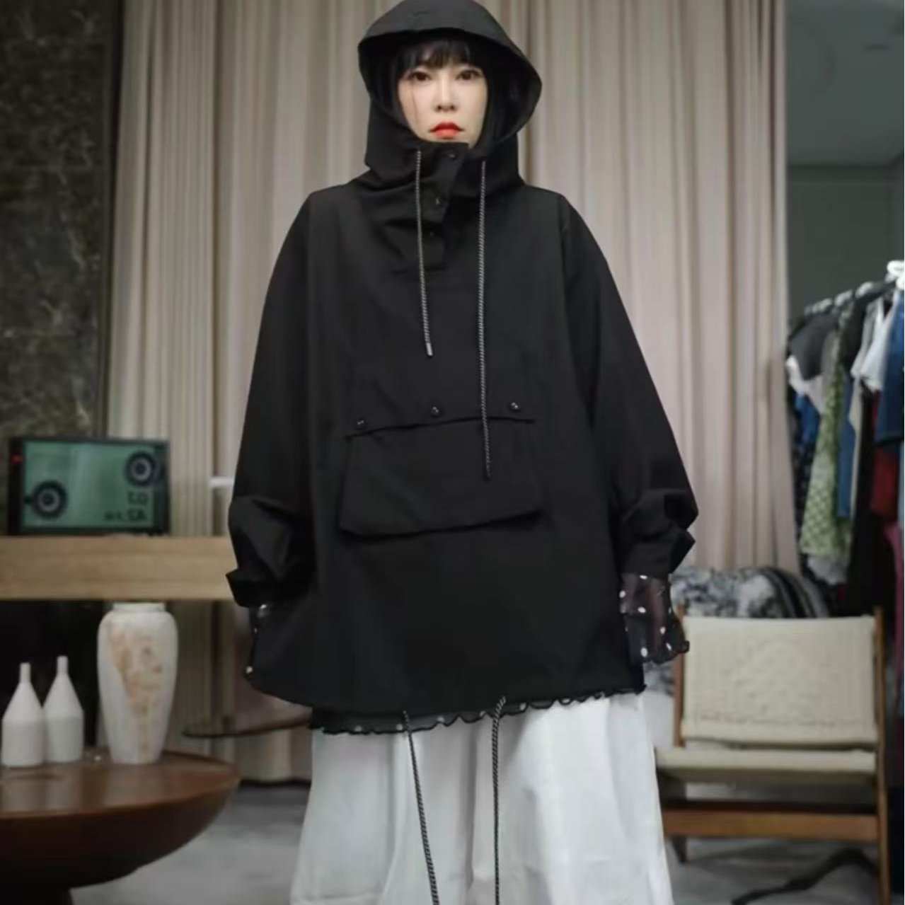 infobyfive罘蠡秋冬连帽抽绳大口袋衬衫风衣外套二店NF0507010