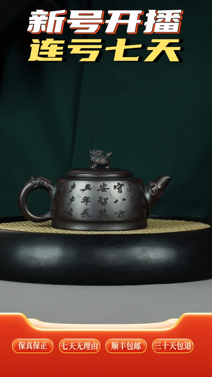 茶壶紫砂龙龟  乌金铁极星   龙龟刻绘