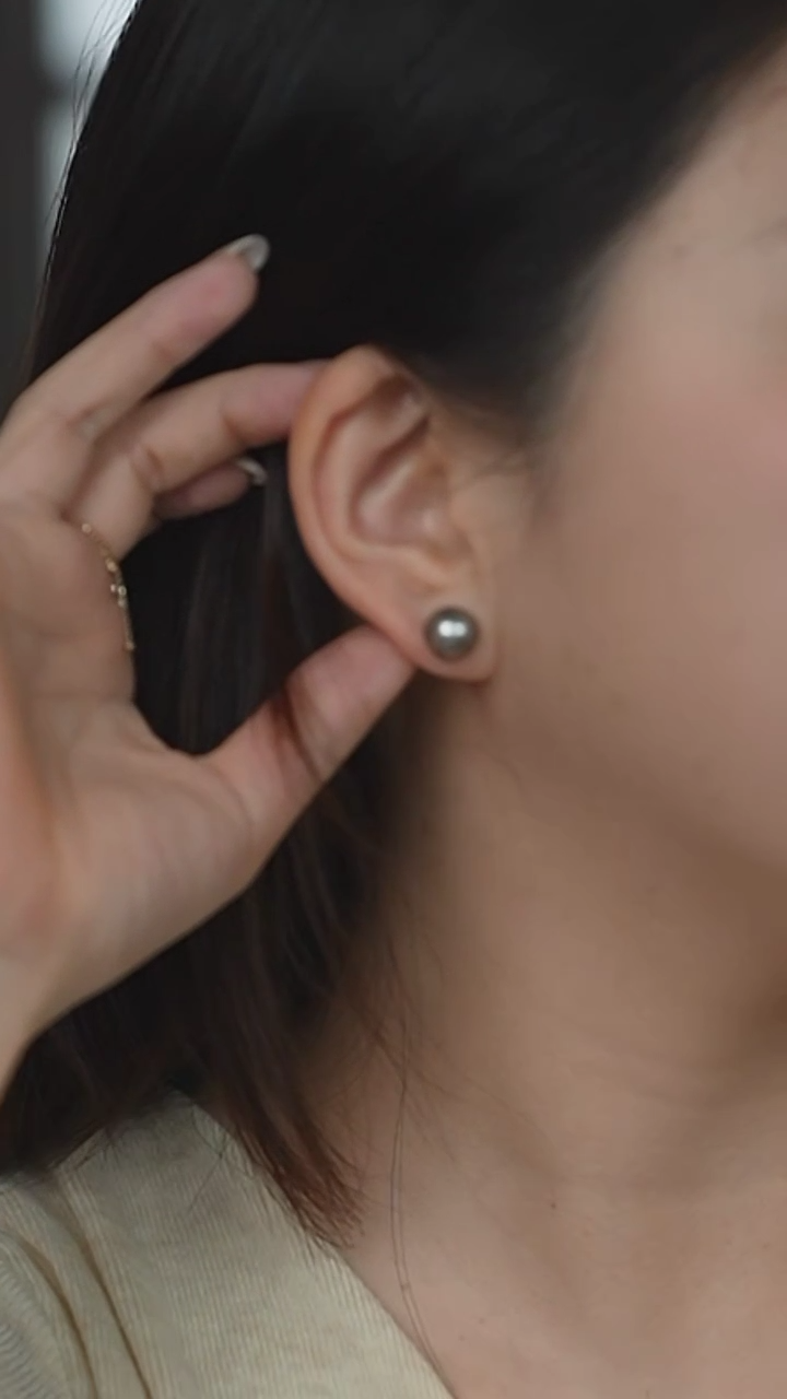 【闪购商品】海水珍珠耳钉18K金镶嵌大溪地铂金灰10-11素钉