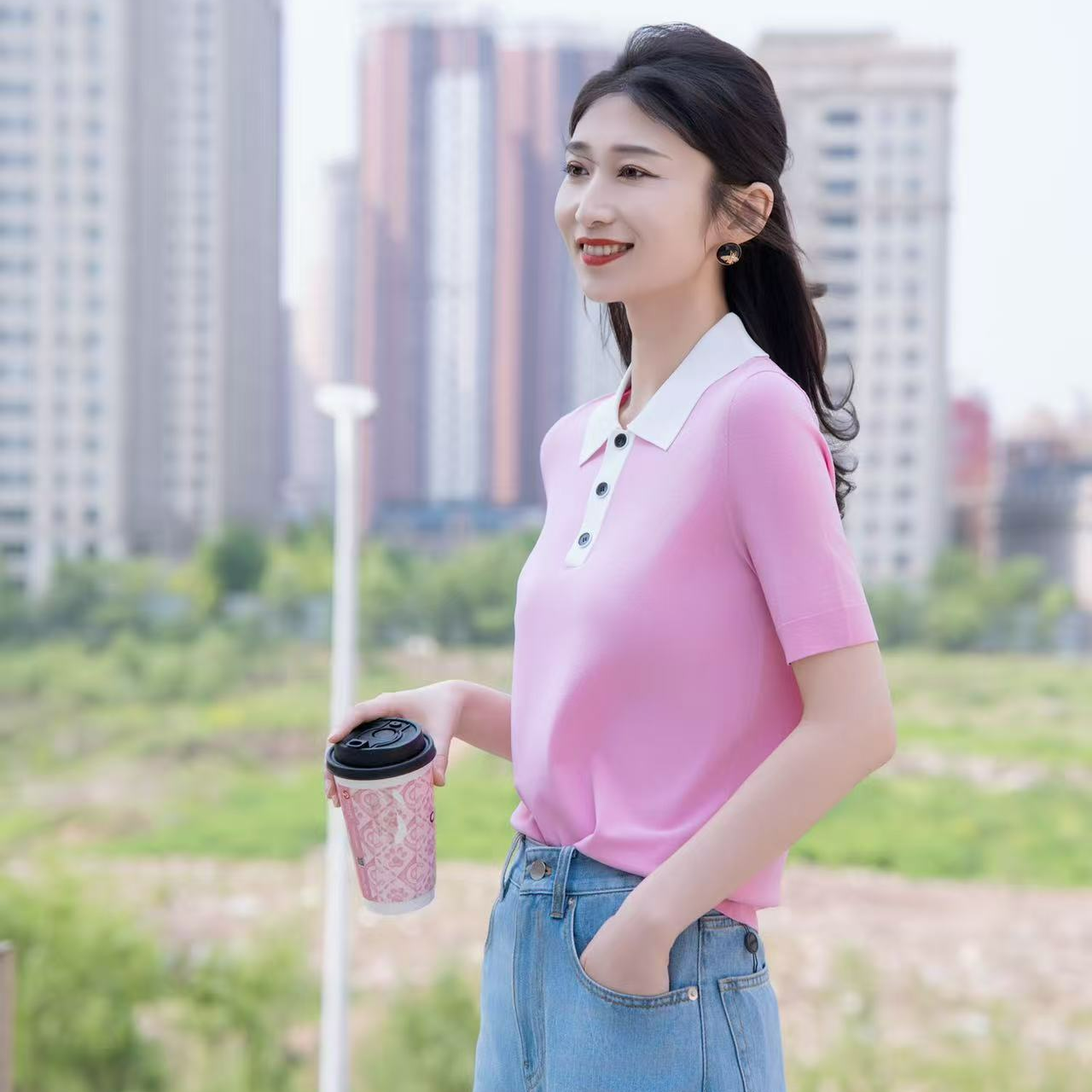 阿玛施 AMASS【蜜桃冰沙】女士时尚显瘦POLO领短袖针织5399689