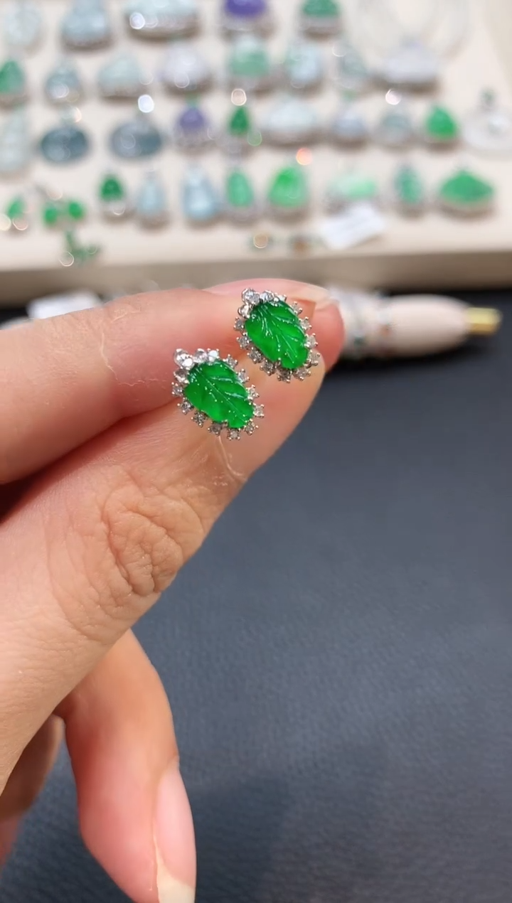 翡翠18K金镶嵌耳饰b82春日珠宝